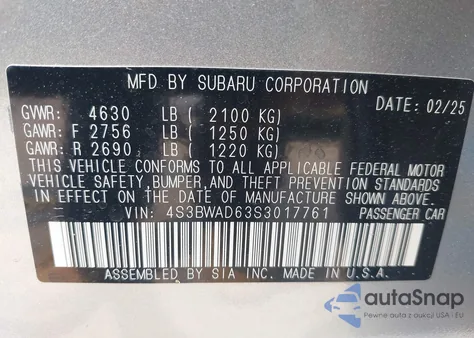 2025 Subaru Legacy Premium из США, поврежденный, VIN 4S3BWAD63S3017761